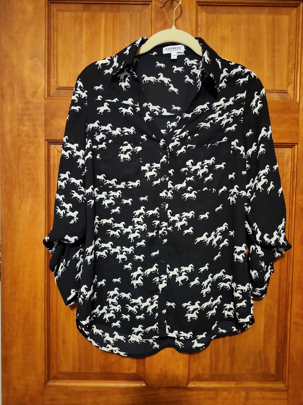 Express Black Button-Down Shirt Wild White Horse Mustang Print